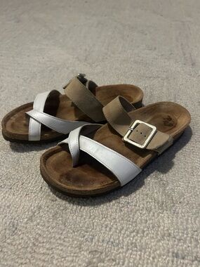Naot Fresno White PRL Leather 
Sandstone Crossover Buckle Sandals